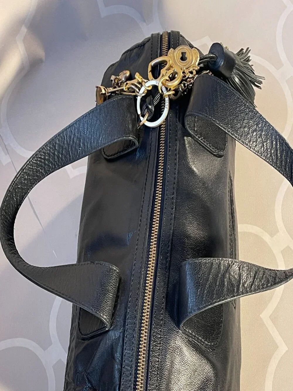 Juicy Couture Y2K Black Leather Bowling Shoulder Bag Tassel Logo Purse